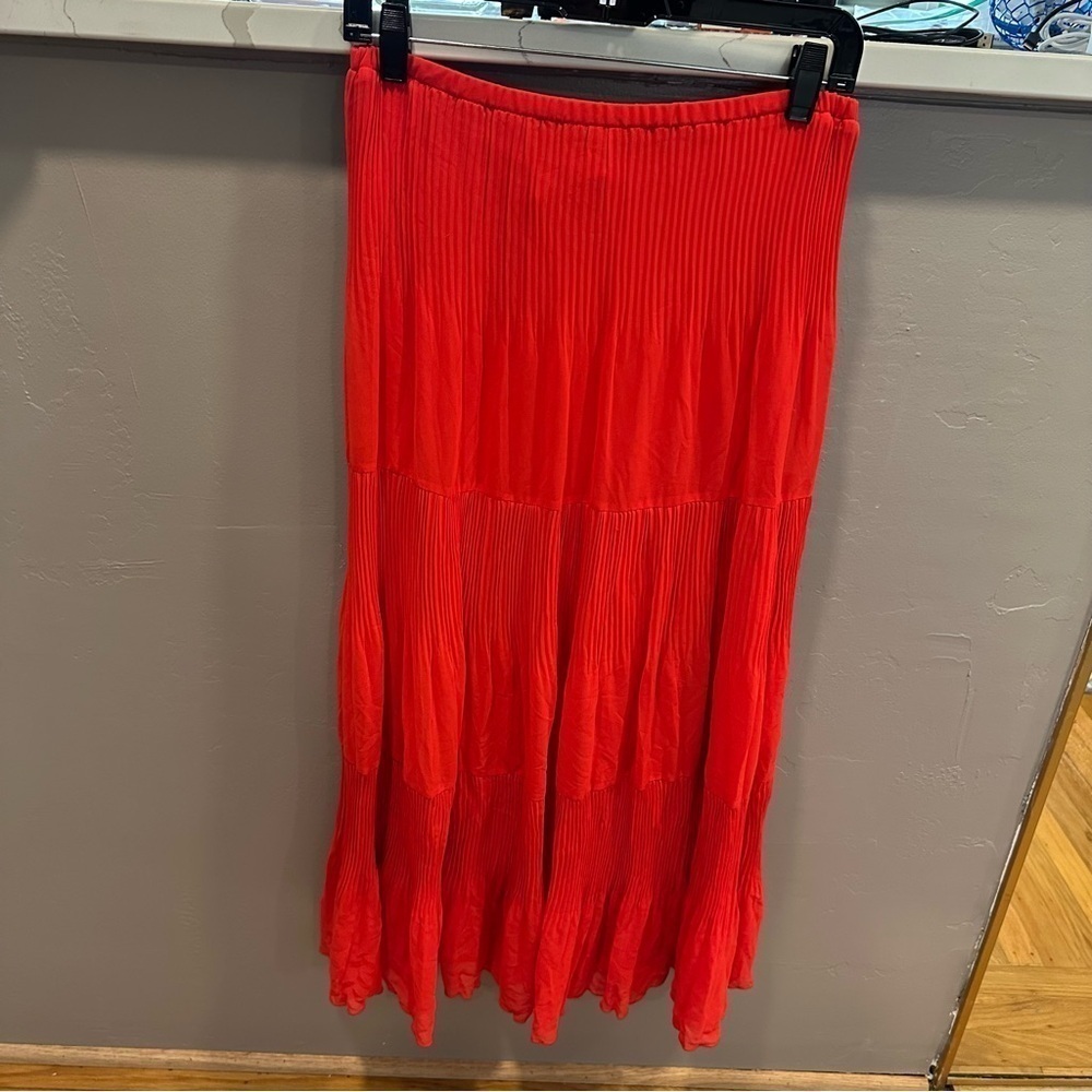 Maxi Tiered Sheer micro pleats bright reddish coral skirt fully lined size 6 C53 - Picture 6 of 10